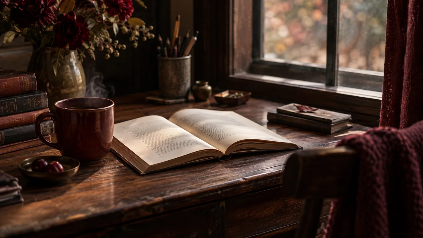 Window-side reading desk with an open book